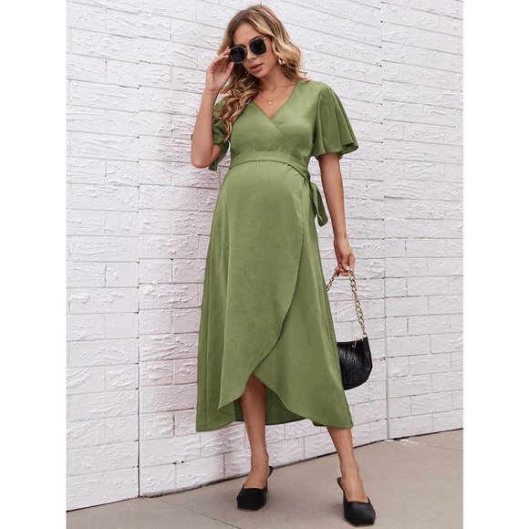 Maternity Flutter Sleeve Belted Wrap Dress pink - Picture 6 of 8